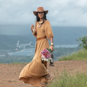 BOHO DRESS ꧁Kayame꧂ Bridesmaid maxi dress • Rust dress bohemian • Linen dress • Boho linen dress • Linen wrap dress • Orange linen dress