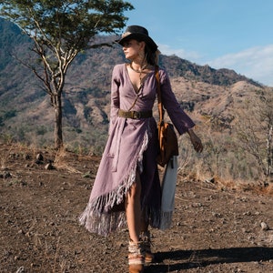 BOHO DRESS ꧁Kayame꧂ Lavender wrap dress • Fringe maxi dress • Gypsystyle clothing • Goddess dress • Organic cotton dress • Linen wrap dress