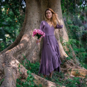 LAVENDER DRESS ꧁Kayame꧂ Organic maxi wrap dress • Maternity goddess fairy dress • Purple wedding guest dress • Peasant romantic wrap dress