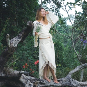 FAIRY SKIRT ꧁Kayame꧂ Wrap organic cotton fringe skirt • Boho maxi fairy skirt • Hippie wrap skirt • Bohemian organic skirt
