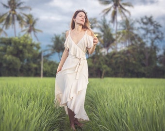 DRESS ꧁Kayame꧂ Simple bohemian wedding dress • Wrap maxi white wedding dress • Unique casual wedding dress • Beach wedding dress