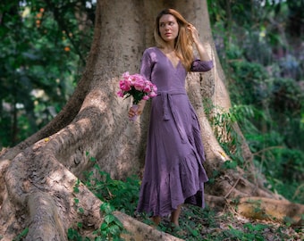 LAVENDER DRESS ꧁Kayame꧂ Organic maxi wrap dress • Maternity goddess fairy dress • Purple wedding guest dress • Peasant romantic wrap dress