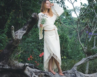 FAIRY SKIRT ꧁Kayame꧂ Wrap organic cotton fringe skirt • Boho maxi fairy skirt • Hippie wrap skirt • Bohemian organic skirt
