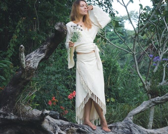 FAIRY SKIRT ꧁Kayame꧂ Wrap organic cotton fringe skirt • Boho maxi fairy skirt • Hippie wrap skirt • Bohemian organic skirt