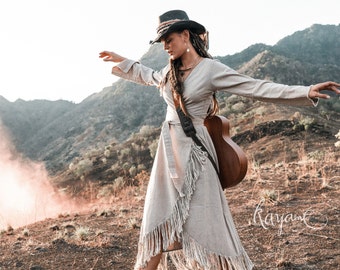 Boho Fransen Maxi Kleid ꧁Kayame꧂ Graues Wickelkleid • Leinen Wickelkleid • Goddess Kleid • Prärie Kleid • Boho Kimono • Wickelkleid aus Bio-Baumwolle
