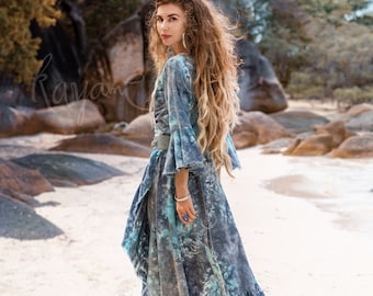 LINEN WRAP DRESS ꧁Kayame꧂ Gypsy wrap dress • Hippie dress • Boho maxi dress • Boho summer dress • Elf dress blue • Blue tie dye dress