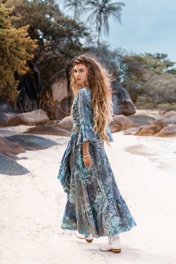LINEN WRAP DRESS kayame Gypsy Wrap Dress  Hippie Dress  Boho Maxi Dress   Boho Summer Dress  Elf Dress Blue  Blue Tie Dye Dress - Etsy