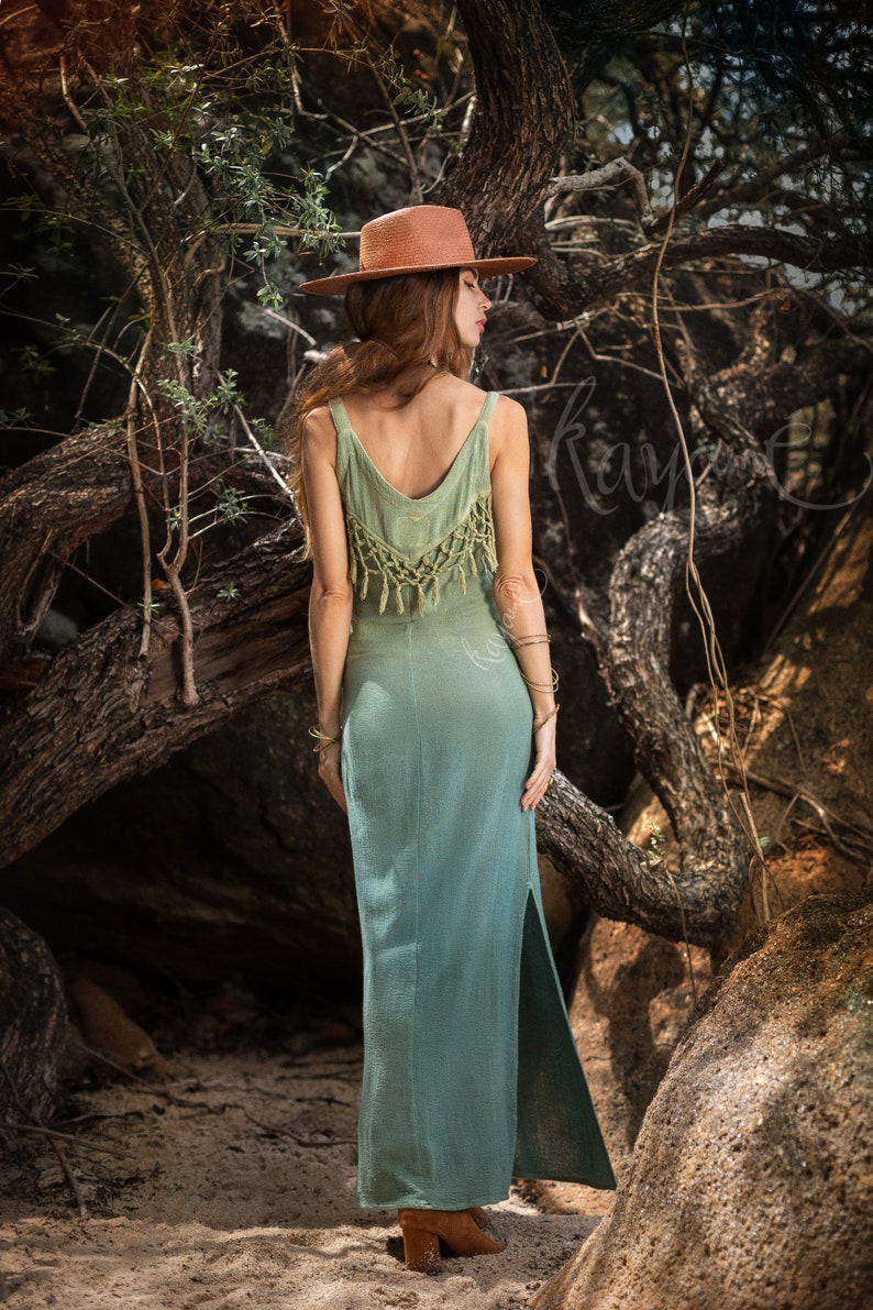 Organic Ombre Fringe Dress • Botanical Dye, Open Back, Sage Goddess Style image 7