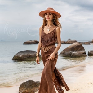 FRINGE DRESS ꧁Kayame꧂ Brown boho dress • Festival maxi dress • Bohemian slip dress with tassels • Organic cotton dress • Goddess dress