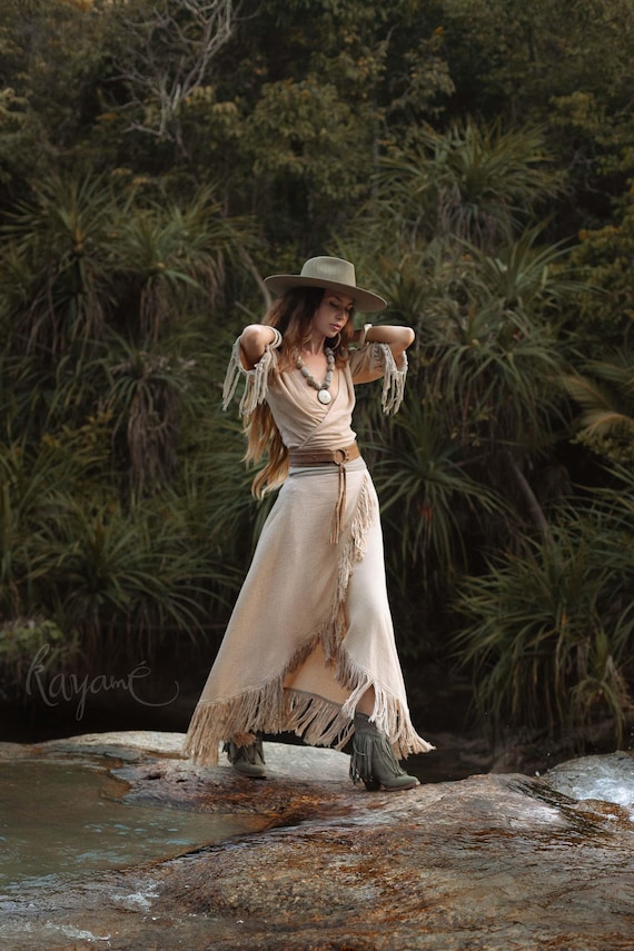 Organic Cotton Two-piece Set ꧁kayame꧂ Boho Wrap Top & Tassel Skirt • Western Goddess Outfit • Festival Boho Fringe Dress