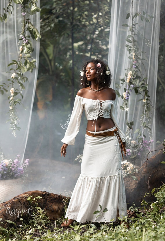 SET SKIRT TOP kayame Fairy Wedding Dress Two Piece Skirt Set Boho Puff Sleeve Dress Goddess Dress off Shoulder Elven Dress Etsy