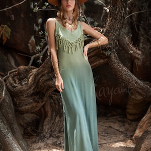 Organic Ombre Fringe Dress • Botanical Dye, Open Back, Sage Goddess Style image 3