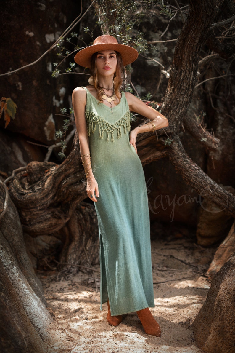 Organic Ombre Fringe Dress • Botanical Dye, Open Back, Sage Goddess Style image 3