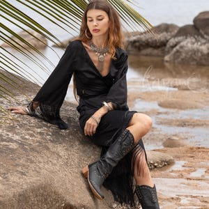 BLACK SILK DRESS ꧁Kayame꧂ Black wedding dress  • Bohemian dress  • Black goddess dress  • Silk wrap dress  • Ceremony dress • Maternity gown