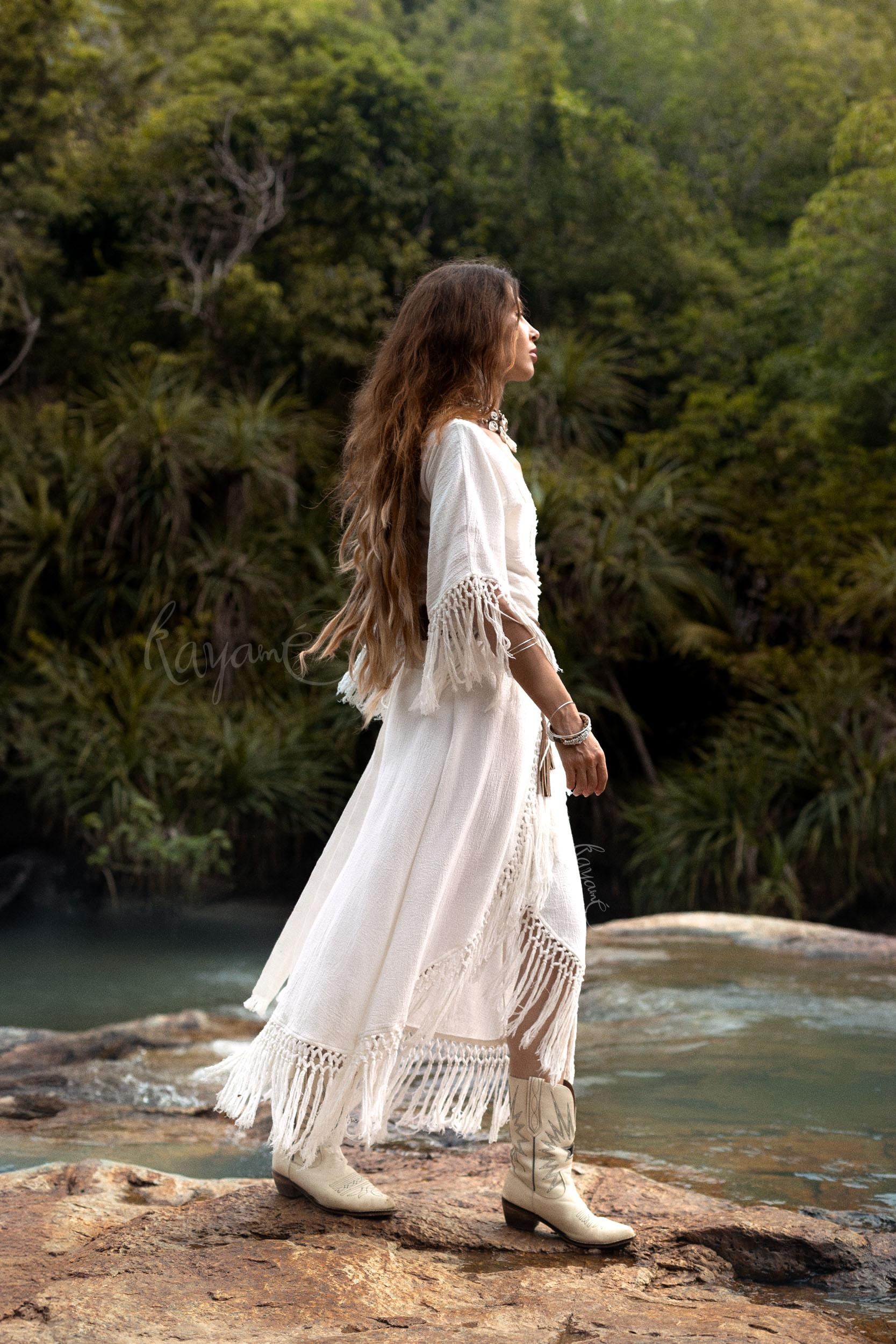 boho fringe maxi dress Bohemian Midi Kaftan Dress, Boho Beach cover with fringe