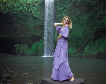 Organic Cotton Fringe Skirt Set: Kimono Top, Elven Fairy Style