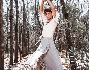 Organic Cotton Fringe Skirt Set ꧁Kayame꧂ Gypsystyle clothing • Elven clothing • Fairy dress • Organic cotton fringe wrap skirt • Kimono top