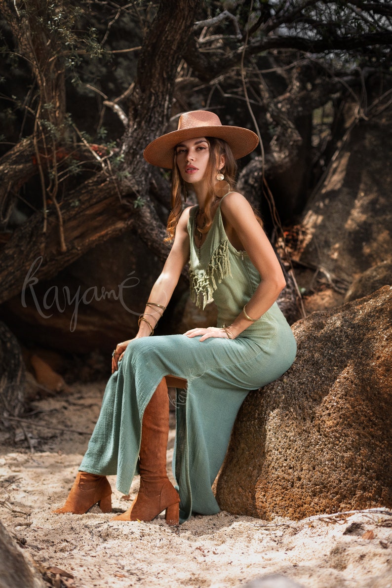 Organic Ombre Fringe Dress • Botanical Dye, Open Back, Sage Goddess Style image 9