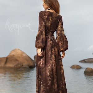 BOHO DRESS Kayame Tie dye brown organic cotton dress Long sleeve dress Boho maxi dress Goddess bohemian dress Cottagecore dress image 5