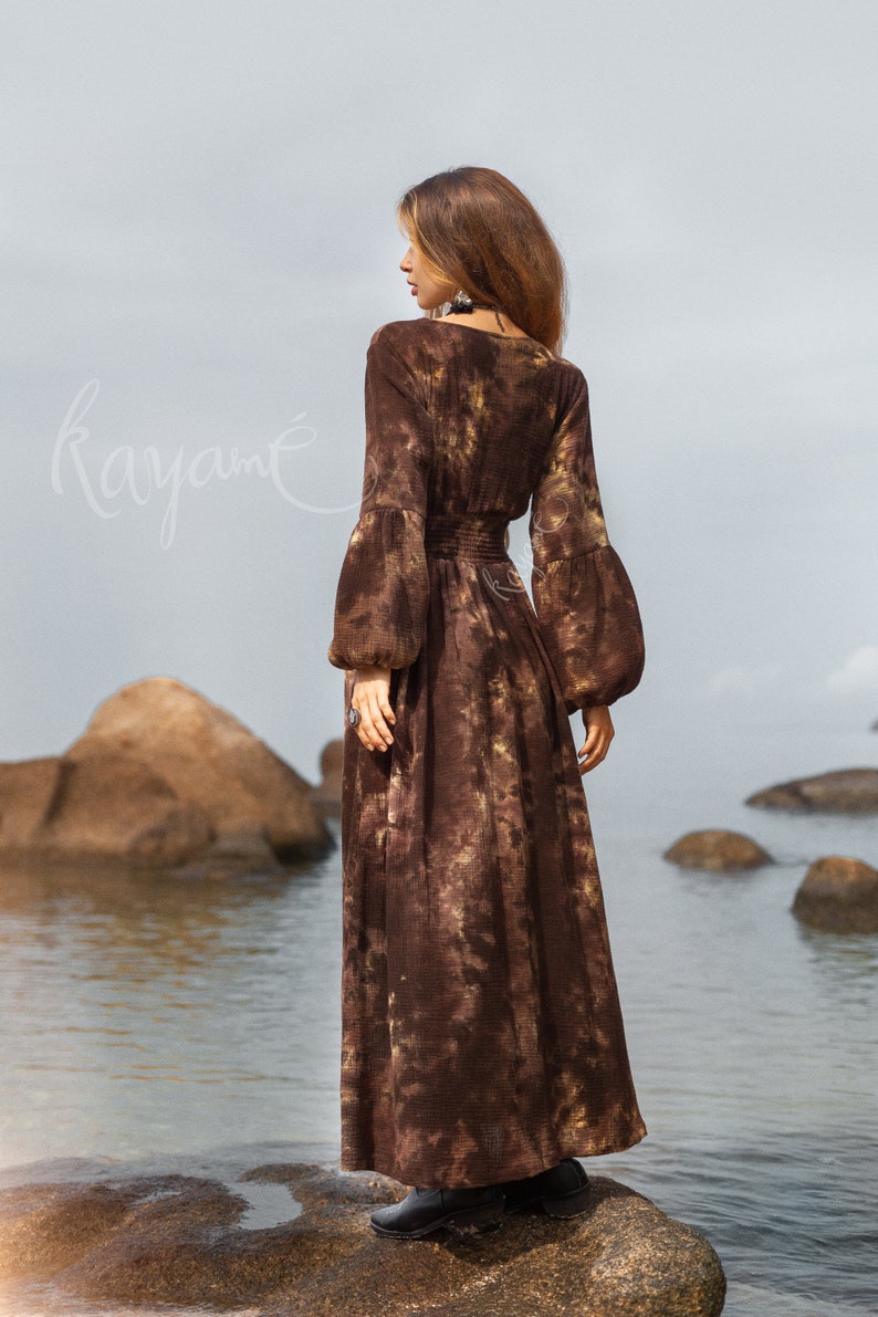 BOHO DRESS Kayame Tie dye brown organic cotton dress Long sleeve dress Boho maxi dress Goddess bohemian dress Cottagecore dress image 5