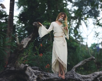 SET: SKIRT + TOP ꧁Kayame꧂ Gypsystyle clothing • Elven clothing • Fairy dress • Organic cotton fringe wrap skirt • Organic kimono wrap top