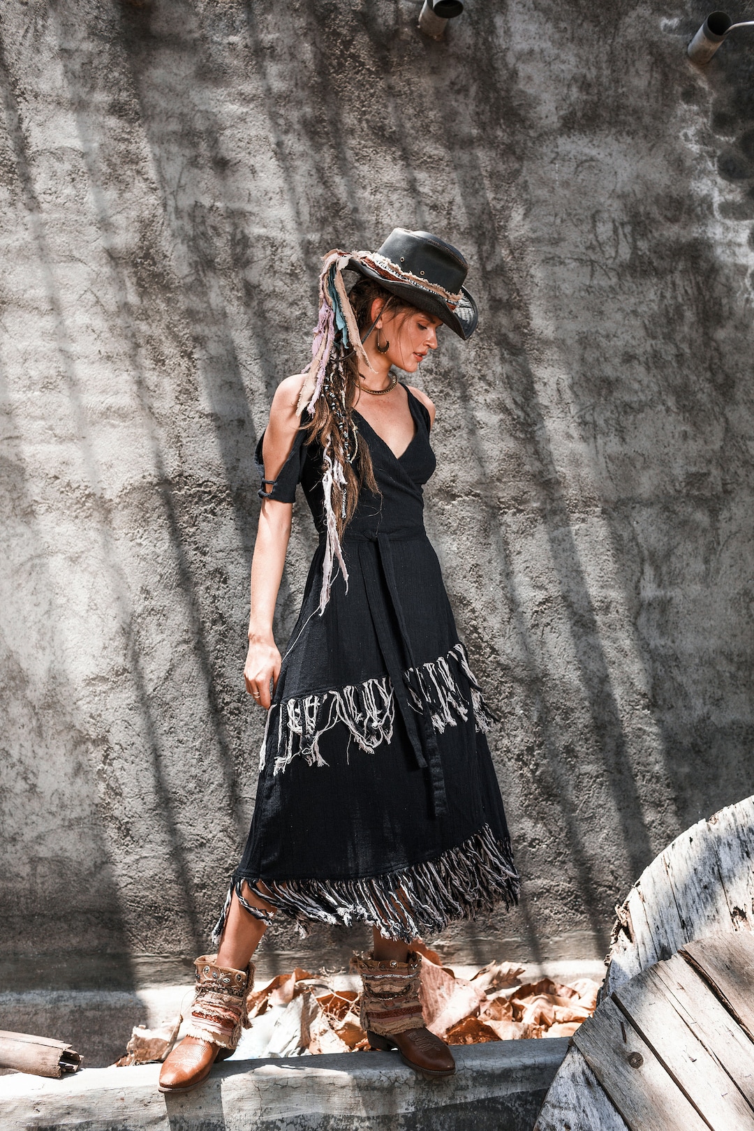 Black Organic Cotton Wrap Dress: Handmade Boho Fringe Dress