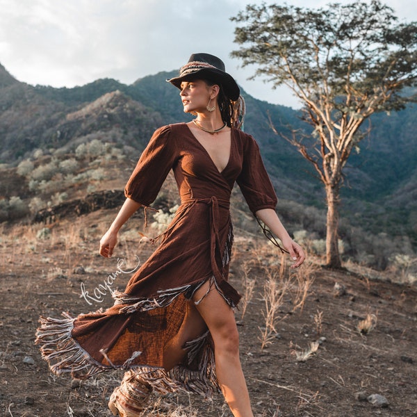 BOHO WRAP DRESS ꧁Kayame꧂ Fringe dress • Goddess dress • Boho maxi dress • Organic cotton dress • Gypsystyle clothing • Gypsy dress