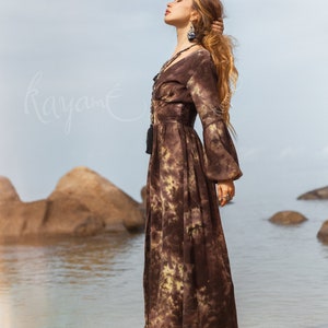 BOHO DRESS Kayame Tie dye brown organic cotton dress Long sleeve dress Boho maxi dress Goddess bohemian dress Cottagecore dress image 3