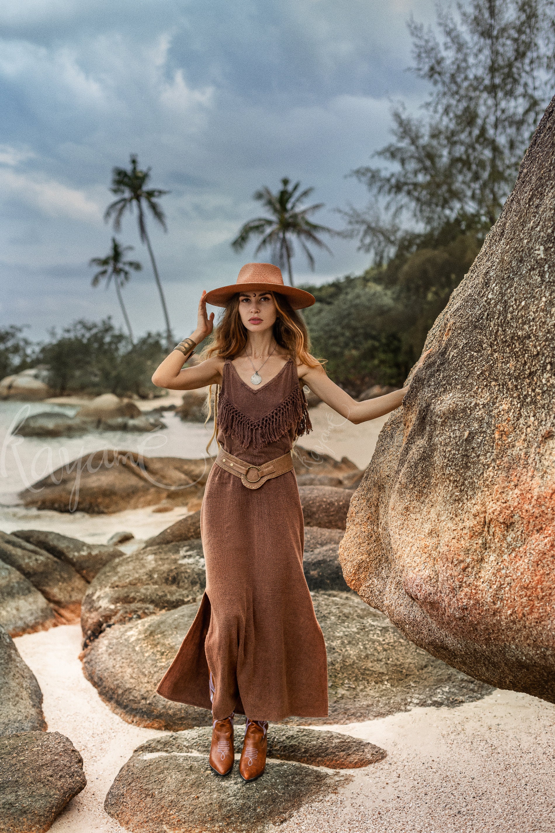 FRINGE DRESS ꧁kayame꧂ Brown Boho Dress • Festival Maxi