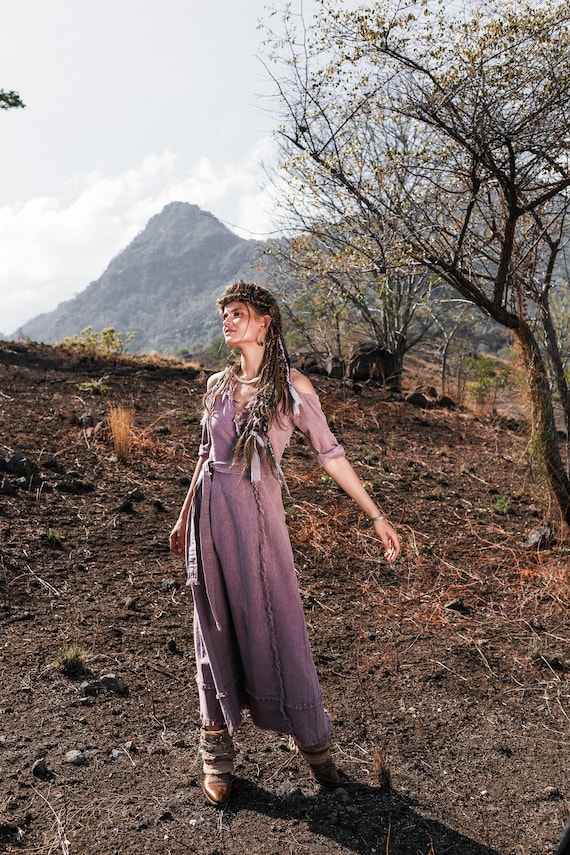 chinese dress ladies Boho Maxi Dress, Sundress, Wild Floral in Purple Lavender Pink / M main image 1