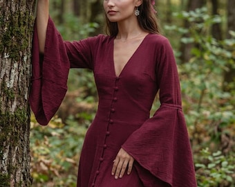 Burgundy Elven Dress • Bell Sleeve Boho Fairy Gown • Wine Red Organic Cotton Maxi Dress • Burgundy Bridesmaid Dress • Fairycore Dress