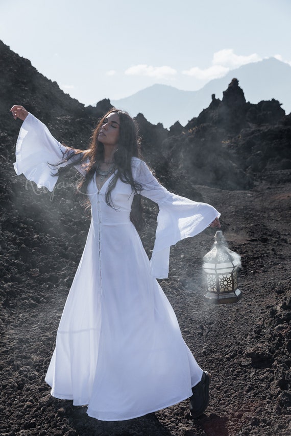 White ELVEN DRESS Kayame * Organic Cotton Gauze, Bell Sleeves, Boho Maxi Gown * Goddess Outfit White ELVEN DRESS Kayame * Organic Cotton Gauze, Bell Sleeves, Boho Maxi Gown * Goddess Outfit