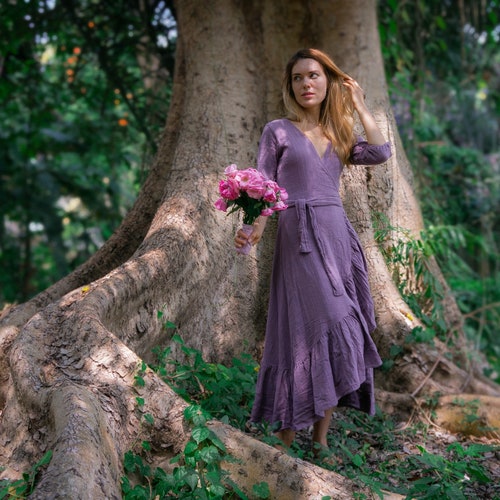 Organic Cotton Lavender Maxi Dress: Romantic Peasant Wrap Wedding Guest Dress