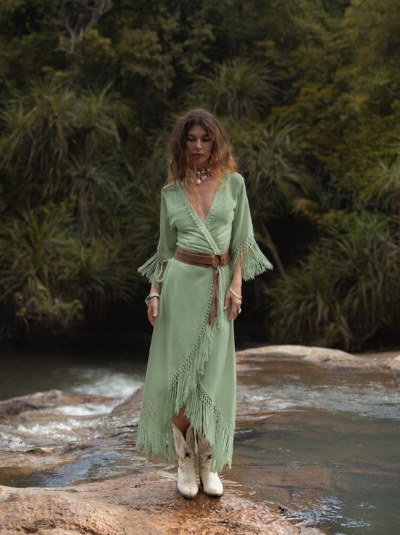 boho midi wrap dress Sage Green Fringe • Handmade Organic Linen Cotton Dress • Asymmetric Festival Dress • Bali Handmade Color:White Black Dots S Plus Model Height Terusan Light Blue Two Piece