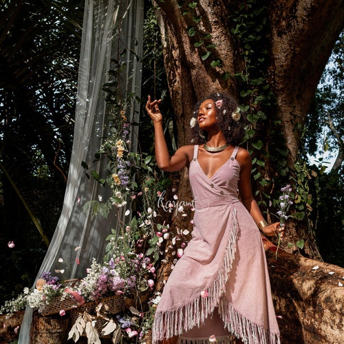 Lavender Boho Wrap Dress: Organic Cotton-Linen Fringe Dress