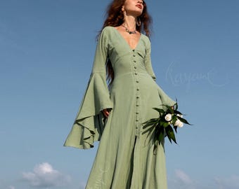 GRÜNES ELFENKLEID von Kayame꧂ Göttinnenkleid • Grünes Boho-Kleid • Mittelalterkleid • Kleid für Priesterin • Grünes Abiballkleid • Maxikleid