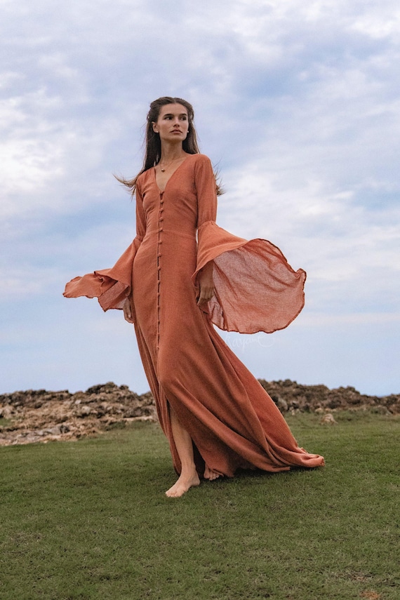bohemian orange dress Burnt Bell Sleeve Maxi • Handmade Organic Cotton Button Down Dress • Boho Bridesmaid Dress • Fairy Elven Prom Dress The combination of a beach boho dresses YISIKADO Rhinestone Chiffon Evening Size:8 (7-8y)