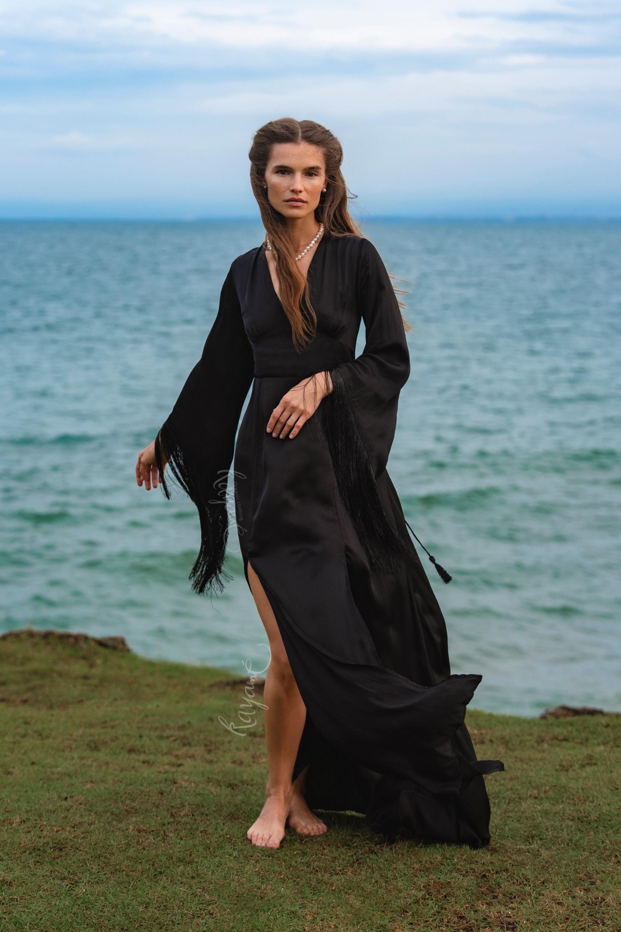 Black Long Sleeve Fringe Dress