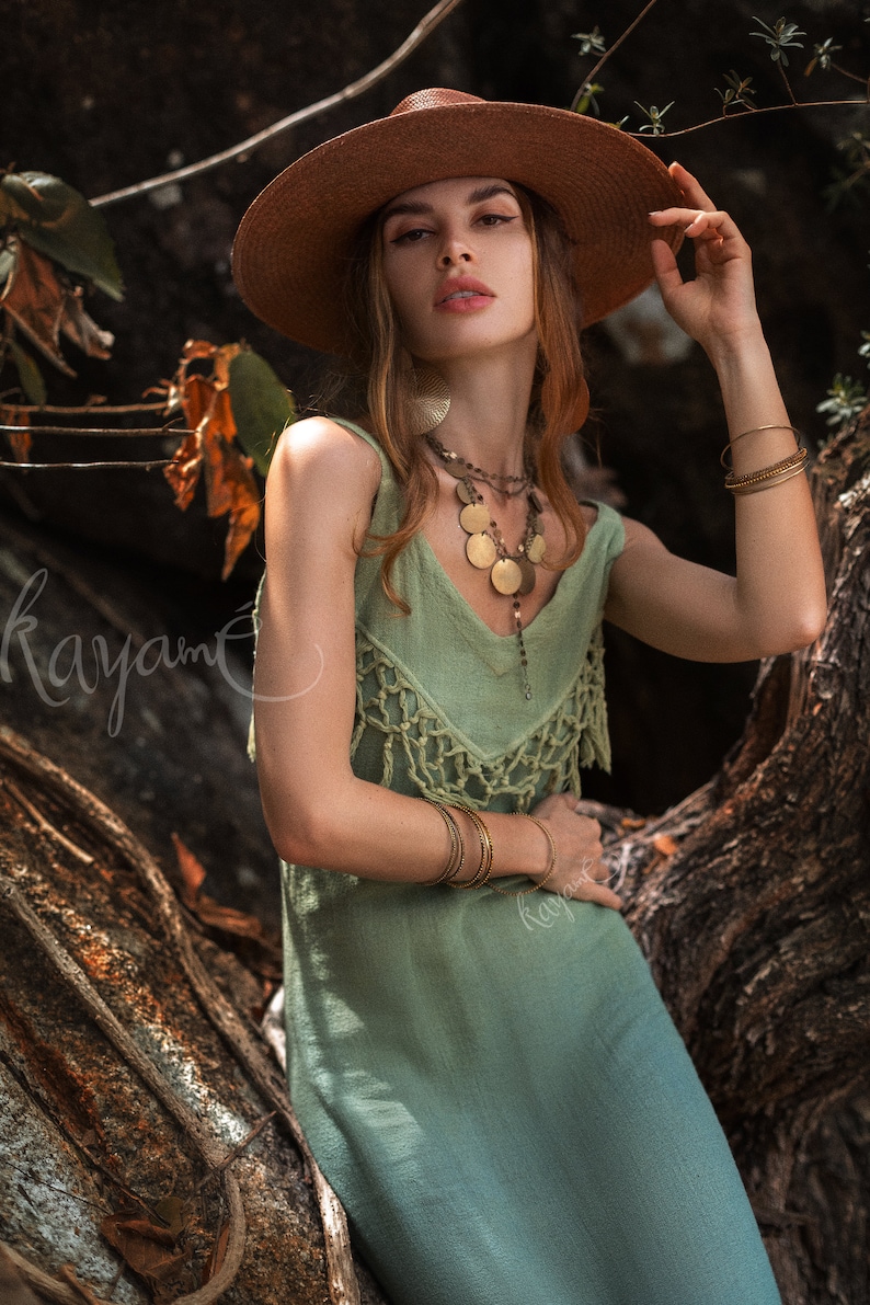 Organic Ombre Fringe Dress • Botanical Dye, Open Back, Sage Goddess Style image 6
