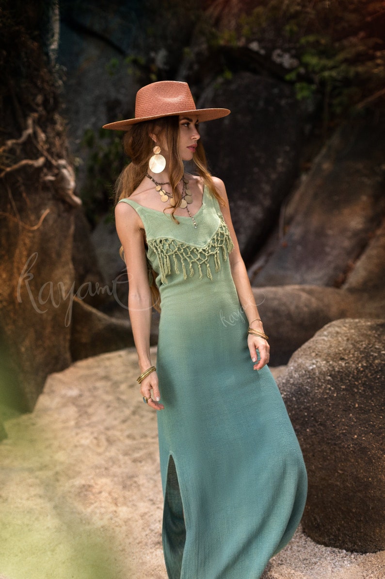 Organic Ombre Fringe Dress • Botanical Dye, Open Back, Sage Goddess Style image 2