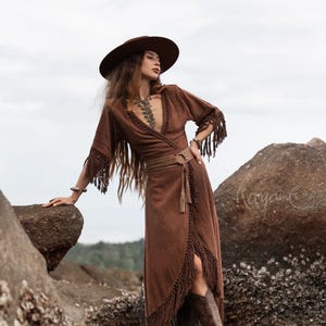 BROWN BOHO DRESS ꧁Kayame꧂ Fringe bohemian dress • Boho maxi dress • Goddess dress • Festival dress • Western dress • Wrap linen dress