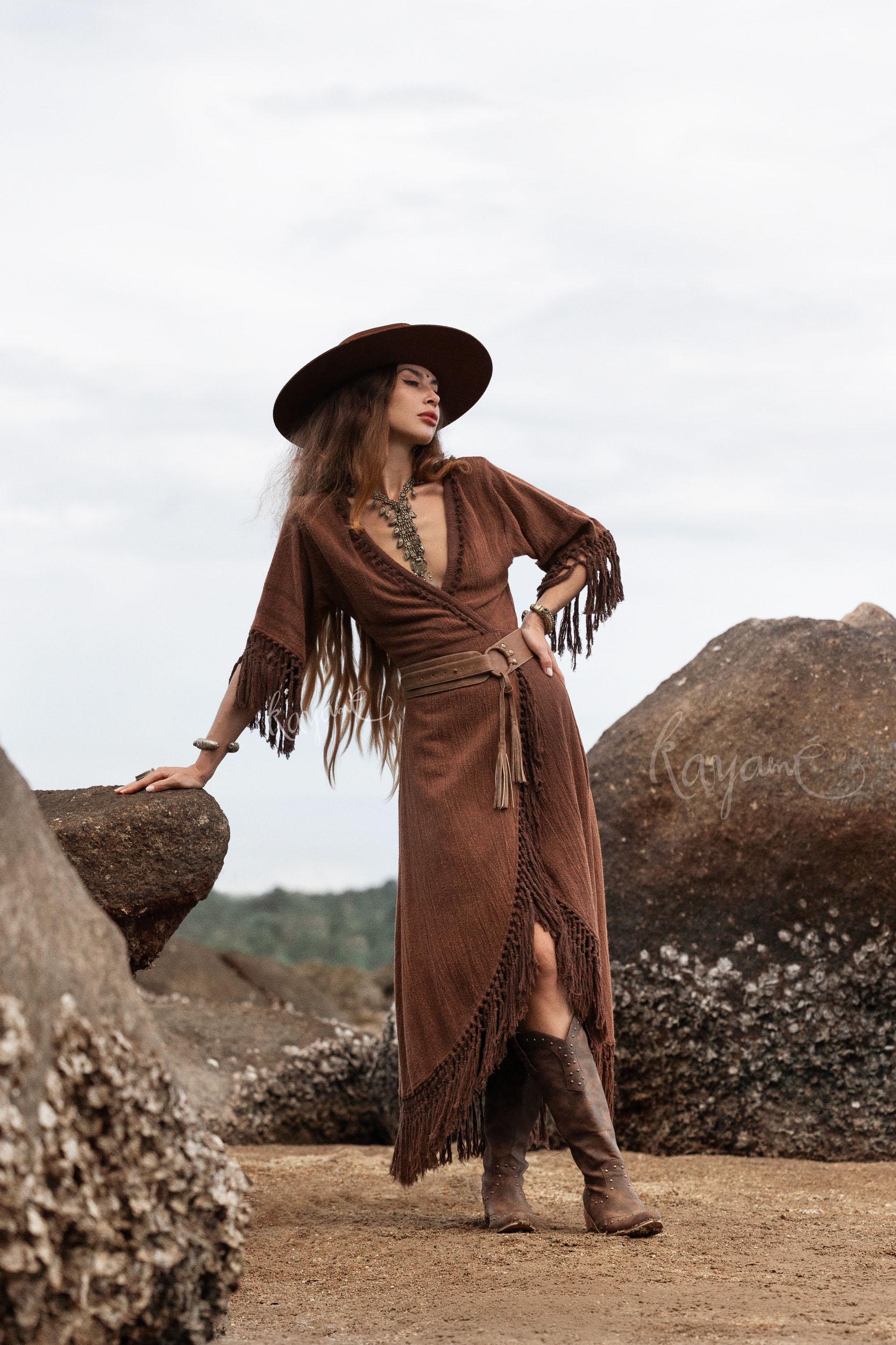 BRAUNES BOHO-KLEID ꧁Kayame꧂ Boho-Kleid mit Fransen • Boho-Maxikleid • Göttinnenkleid • Festivalkleid • Westernkleid • Wickelkleid