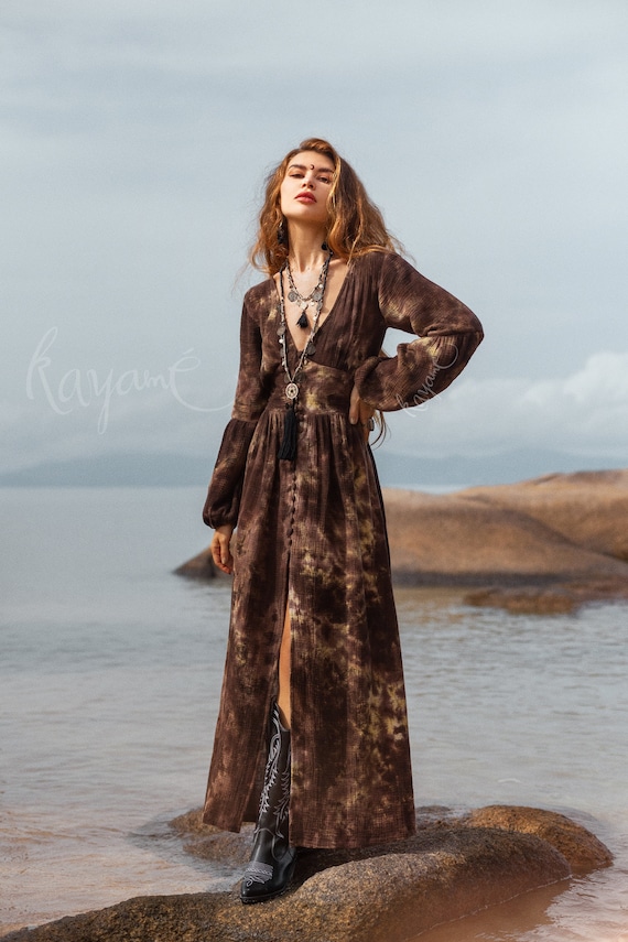 BOHO DRESS ꧁kayame꧂ Tie Dye Brown Organic Cotton Dress BOHO DRESS ꧁kayame꧂ Tie Dye Brown Organic Cotton Dress