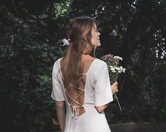 WEDDING DRESS ꧁Kayame꧂ Off-white linen dress • Bohemian wedding backless fairy dress • Elven fantasy dress Renaissance medieval dress