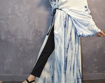 Indigo Blue Long Kimono, Robe, Summer,Unisex Kimono,Tall Women’s Blue And White Color Long Tie Dye Women Kimono/Robes