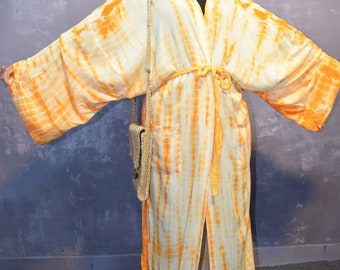 Long Kimono, Robe, Summer,Unisex Kimono,Tall Women’s,Vacations, Holiday Look Evening dress,loose fit,Sharon Free Size Long Kimono Yellow