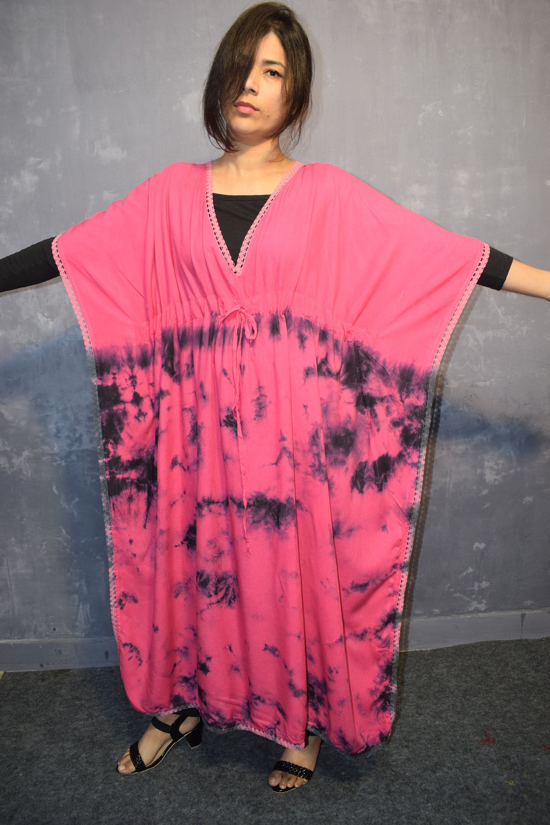 Cotton Ikat Caftan Dress Pink and Blue