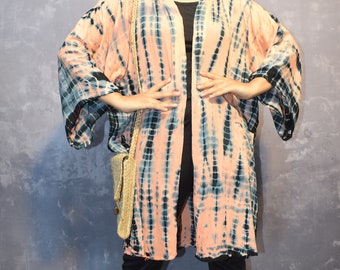 Short Kimono, Robe, Summer,Unisex Kimono,Beach cover up Fashionable oversized kimono. Tie-dye maxi dress. Peach And Black Color Kimono/Robes