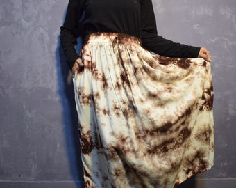 Coffee ColorBatik Tie Dye Long Maxi Skirt, Boho Hippie Tow Dye Skirt For Women, Summer Beach Wear Skirt, Comfy Lightweight