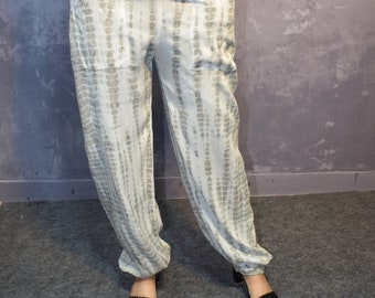 Boho Pant, Boho Wide Leg Pant, Hand Tie Dye, Holiday, Ties, One Only, White Gray, Tie Dye Elastic Pants For Womens Tie Dye Pants